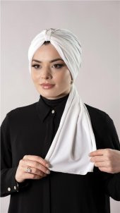 Krem Pratik Hazır Geçmeli Tesettür Bone Sandy Kumaş Atkılı  2204_40 - 3