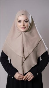 Bej Pratik Hazır Geçmeli Tesettür Eşarp Pamuk Caz Kumaş Çift Katlı Düz Hijab 2303_12 - 1