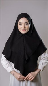 Siyah Pratik Hazır Geçmeli Tesettür Eşarp Pamuk Caz Kumaş Çift Katlı Düz Hijab 2303_01 - 1