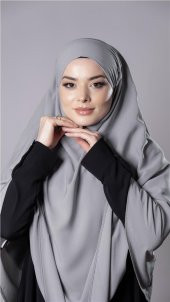 Gri Pratik Hazır Geçmeli Tesettür Eşarp Medine İpeği Bağcıklı Çift Katlı Sufle Hijab 2302_15 - 2
