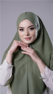 Fıstık Yeşili Pratik Hazır Geçmeli Tesettür Eşarp Pamuk Caz Kumaş Tek Katlı Çapraz Hijab 2305_36 - 2