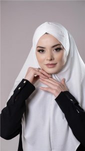 Krem Pratik Hazır Geçmeli Tesettür Eşarp Pamuk Caz Kumaş Tek Katlı Çapraz Hijab 2305_40 - 2
