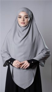 Gri Pratik Hazır Geçmeli Tesettür Eşarp Medine İpeği Bağcıklı Çift Katlı Sufle Hijab 2302_15 - 1