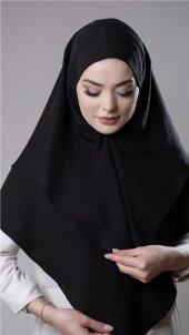 Siyah Pratik Hazır Geçmeli Tesettür Eşarp Pamuk Caz Kumaş Çift Katlı Düz Hijab 2303_01 - 2