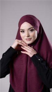 Bordo Pratik Hazır Geçmeli Tesettür Eşarp Pamuk Caz Kumaş Tek Katlı Çapraz Hijab 2305_16 - 2