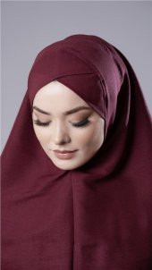 Bordo Pratik Hazır Geçmeli Tesettür Eşarp Pamuk Caz Kumaş Tek Katlı Çapraz Hijab 2305_16 - 3