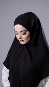 Siyah Pratik Hazır Geçmeli Tesettür Eşarp Pamuk Caz Kumaş Düz Hijab 2306_01 - 3