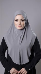 Gri Pratik Hazır Geçmeli Tesettür Eşarp Sandy Kumaş Yırtmaçlı Düz Hijab 2310_15 - 1
