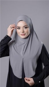 Gri Pratik Hazır Geçmeli Tesettür Eşarp Sandy Kumaş Yırtmaçlı Düz Hijab 2310_15 - 2