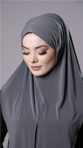 Antrasit Pratik Hazır Geçmeli Tesettür Eşarp Sandy Kumaş Yırtmaçlı Düz Hijab 2310_25 - 3