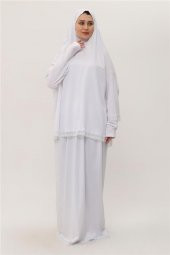 Beyaz İki Parça Namaz Elbisesi Pamuk Kumaş Dantelli 2205_42 - 1