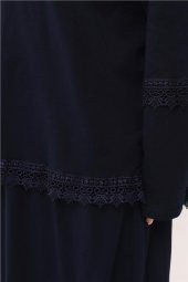 Lacivert İki Parça Namaz Elbisesi Pamuk Kumaş Dantelli 2205_02 - 4