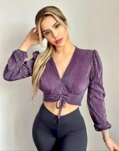 Tomiross Kadın Zümra Mor Krinkıl Büzgü Detaylı Crop Bluz ZMR-433 - 3