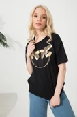 Baskılı Basic Bisiklet Yaka Örme T-Shirt - 2