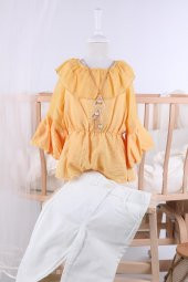 Babyhola 6-9 Yaş Kolyeli Bluz Pantolon Kız Çocuk Yazlık Bayramlık Takım 3098 - 1
