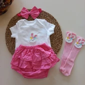 MARS BABY Kız Bebek Pembe Fuşya Tavşan Figürlü Badili Bandanalı Fırfırşort Etek Takım - 1