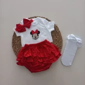 MARS BABY Kız Bebek Kırmızı Minnie'li Fırfır Şort Etek Bodyli Beyaz File Takımı - 1