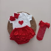 MARS BABY Kız Bebek Kırmızı Kalpli Fırfır Şort Etek Bodyli Kırmızı File Takımı - 1