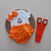 MARS BABY Kız Bebek Turuncu Penguen Fırfır Şort Etek Badili Çorap Takımı - 1