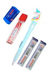 Işıklı Unicorn Uçlu Kalem Seti Mavi 0.7 mm 1 Paket Unicorn Başlıklı Versatil Kalem Süslü Silikonlu Hediyelik Kalem - 1