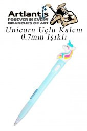 Işıklı Unicorn Uçlu Kalem Seti Mavi 0.7 mm 1 Paket Unicorn Başlıklı Versatil Kalem Süslü Silikonlu Hediyelik Kalem - 2