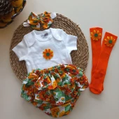 MARS BABY Kız Bebek Turuncu Ayçiçeği Desenli Fırfırşort Etek Badi Bandanalı Takım - 1