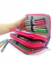 Sevimli Kediler Kawai Organizer Kalemkutu Vegan Deri Üç Bölmeli Kalemlik - Pembe thumbnail 4