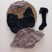 MARS BABY Kız Bebek Leopar Desenli Fırfırlı Salopet Bandana Siyah Fiyonk Çorap Takım - 1