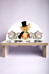 Tom ve Jerry Kedi Baskılı Mama Kabı Ahşap Köpek Mama Su Kabı - 1