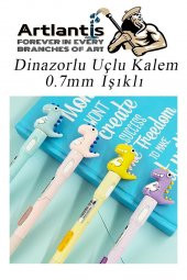 Işıklı Dinazor Uçlu Kalem Seti Mavi 0.7 mm 1 Paket Dinazor Başlıklı Versatil Kalem Süslü Silikonlu Hediyelik Kalem - 2