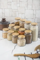 12'li Bambu Kapaklı Cam Kavanoz & Erzak Saklama Kabı Seti 3* 1.3 Lt + 0.80 Lt + 0.50 Lt(Vakum Kapak) - 1