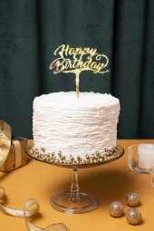 Gold Happy Birthday Yazılı Ayna Pleksi Pasta Üstü & Doğum Günü Partisi & Pleksi Pasta Süsü - 1