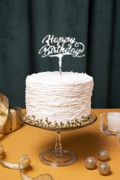 Gümüş Happy Birthday Yazılı Ayna Pleksi Pasta Üstü & Doğum Günü Partisi & Pleksi Pasta Süsü - 1