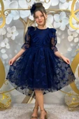 Kız Çocuk Kelebek Desenli Transparan Detaylı Kuyruklu Lacivert Elbise thumbnail 2