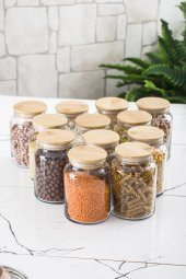 12 Lü Set Bambu Kapaklı Cam Kavanoz & Erzak Saklama Kabı 800 ml Orta  Boy ( Vakum Kapak ) - 1