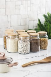 9 Lu Set Bambu Kapaklı Cam Kavanoz & Erzak Saklama Kabı 800 ml Orta  Boy ( Vakum Kapak ) - 6