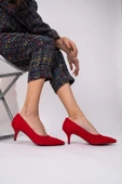Kadın Kısa Topuklu Kırmızı Süet Stiletto Ayakkabı - Candy - 1