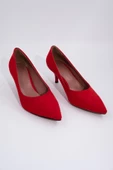 Kadın Kısa Topuklu Kırmızı Süet Stiletto Ayakkabı - Candy - 4
