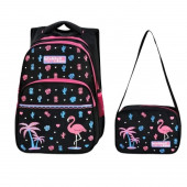 Waddell Lacivert Flamingo Desenli İlkokul ve Beslenme Çantası - 1