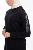 İPEKSİ İKİ İPLİK SWEATSHIRT KOLU PUL VE ZİNCİR İŞLEMELİ - Siyah - 6