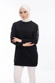 İPEKSİ İKİ İPLİK SWEATSHIRT KOLU PUL VE ZİNCİR İŞLEMELİ - Siyah - 4