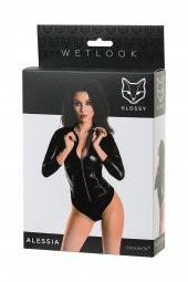 Glossy Alessia Bodysuit, Wetlook malzemeden fermuarlı, siyah, L - 6