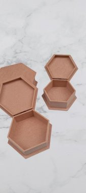 Hobi 90034 Dekoratif 3lü Takı Seti Model Ahşap MDF Altıgen Ham ürün El Yapım - 4