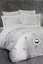 Nakışlı %100 Pamuk Saten Nevresim Takımı Carmen Çift Kişilik 6 Parça - 1