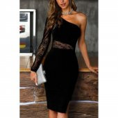 Kadın Siyah Tek Kol Dantel Detay Krep Elbise - 4