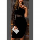 Kadın Siyah Tek Kol Dantel Detay Krep Elbise - 5