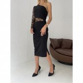 Kadın Siyah Tek Kol Dantel Detay Krep Elbise - 7