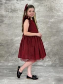 Kız Çocuk Omzu Fırfırlı Parıldayan Bordo Elbise thumbnail 2