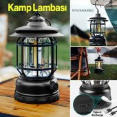 Dekoratif Outdoor Kamp Lambası Ledli Beyaz Işıklı El Feneri Işıldak Şarjlı Portatif Gece Lamba Siyah - 2