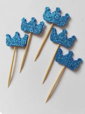 25 Adet Dekoratif Eva Kral Taçlı Pasta Kürdanı 6 cm Mavi - Baby Shower Kürdan - 1